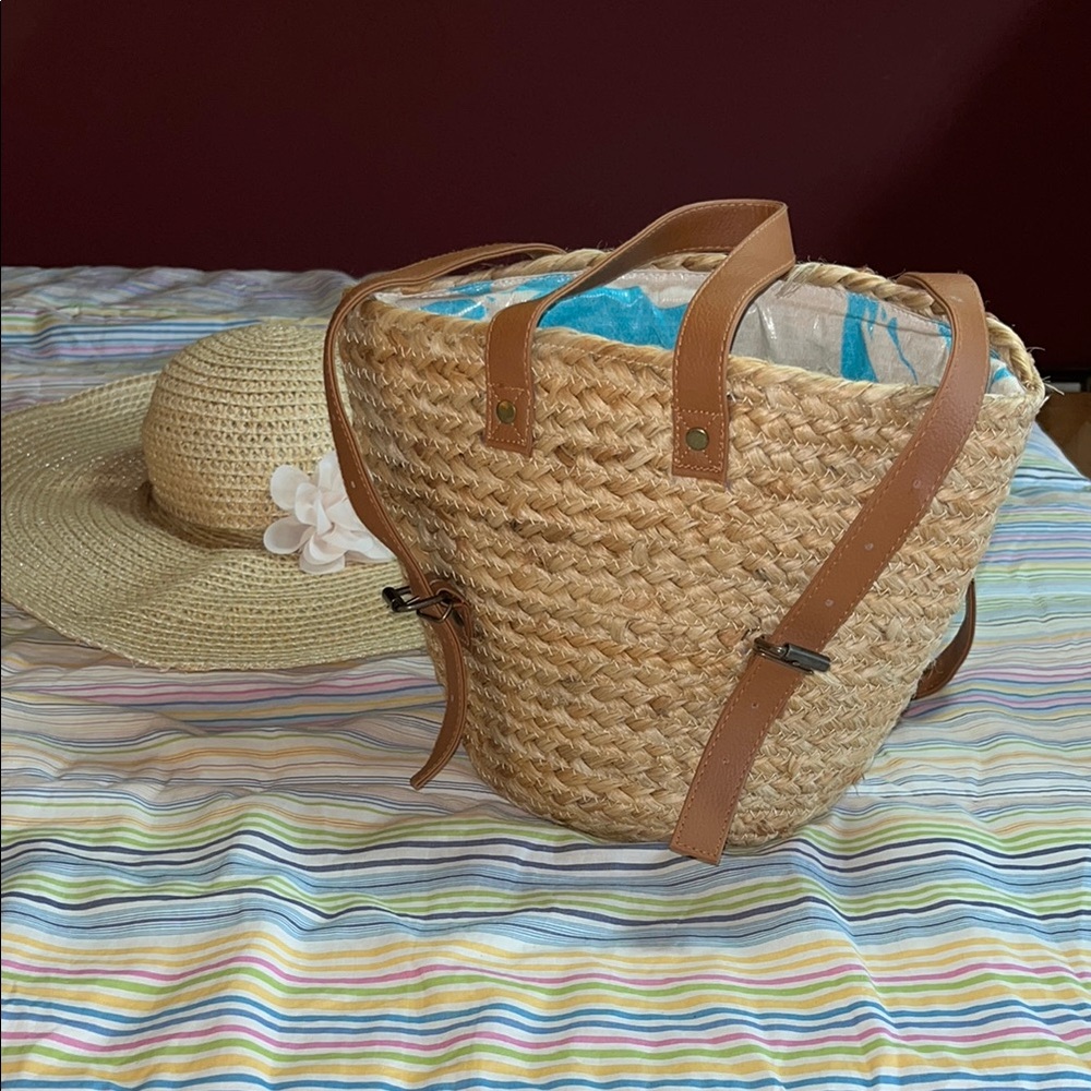 Stylish Tan Rattan Straw Insulated Picnic Backpack Tote XIX Palms‎
